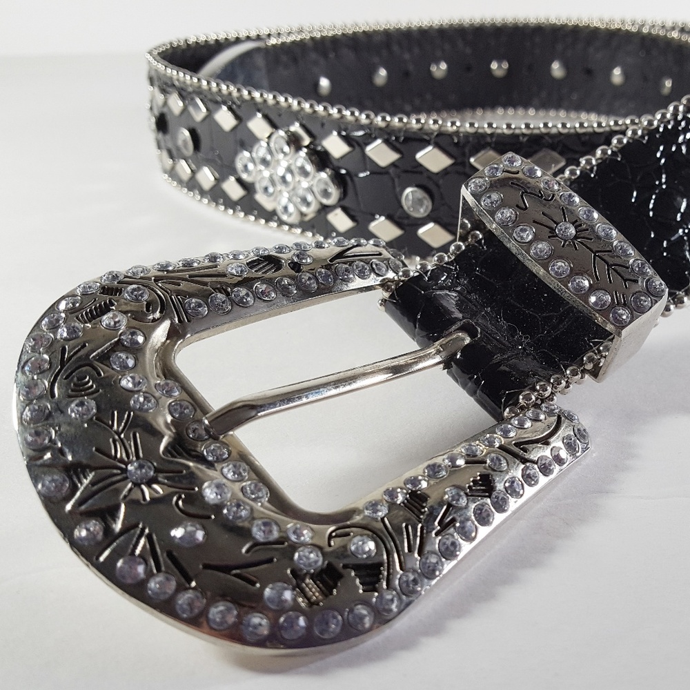 Western Rhinestone Studded Belt Cowgirl Rodeo Pageant Bling Buckle Black Leather